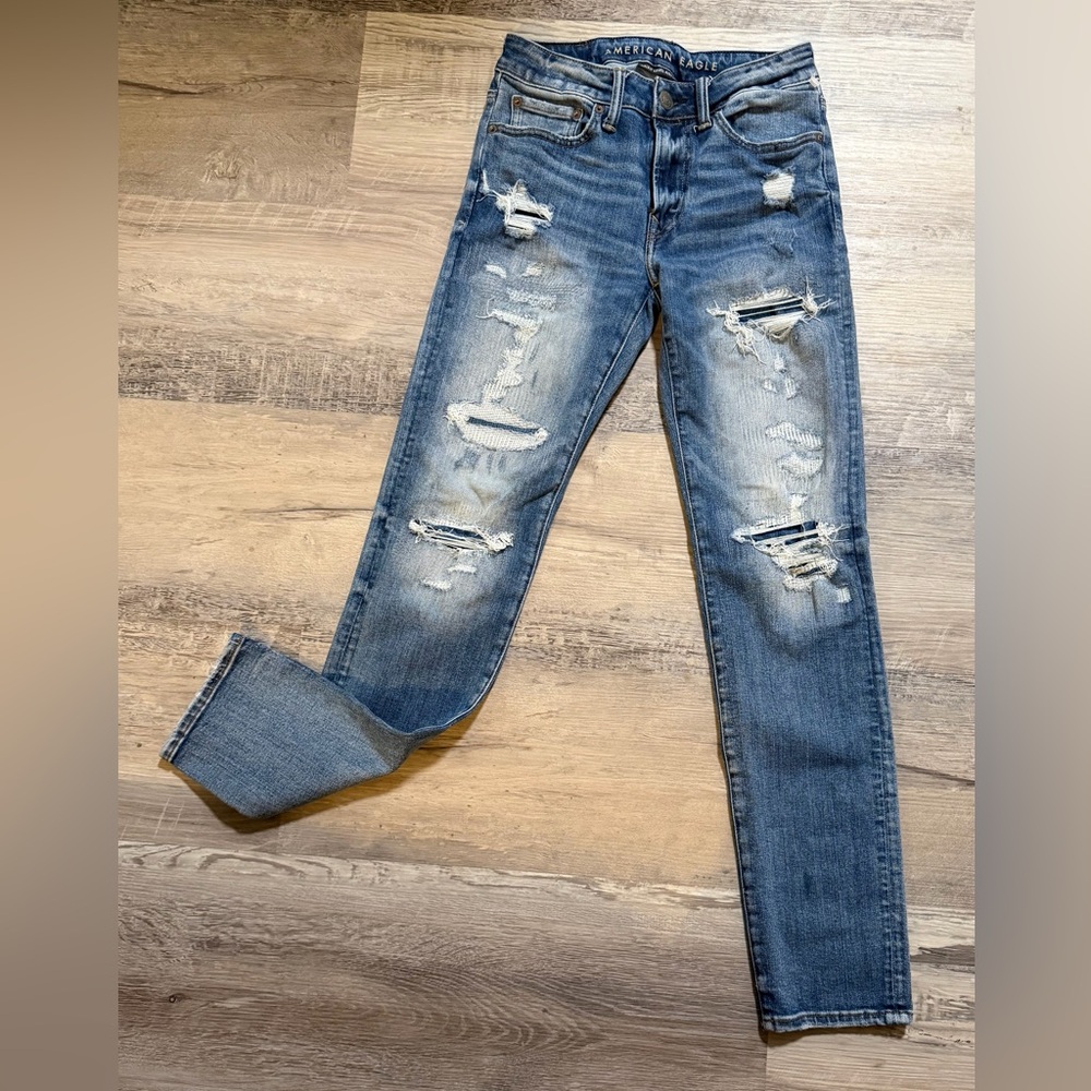 SOLD American Eagle Next Level AirFlex+ Slim Patched Distressed Jeans Mens 28x32